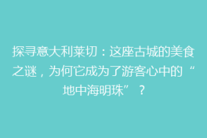 探寻意大利莱切：这座古城的美食之谜，为何它成为了游客心中的“地中海明珠”？