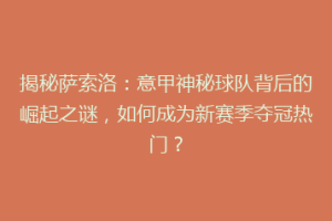 揭秘萨索洛：意甲神秘球队背后的崛起之谜，如何成为新赛季夺冠热门？