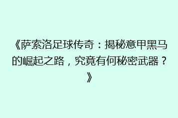 《萨索洛足球传奇:揭秘意甲黑马的崛起之路,究竟有何秘密武器?》